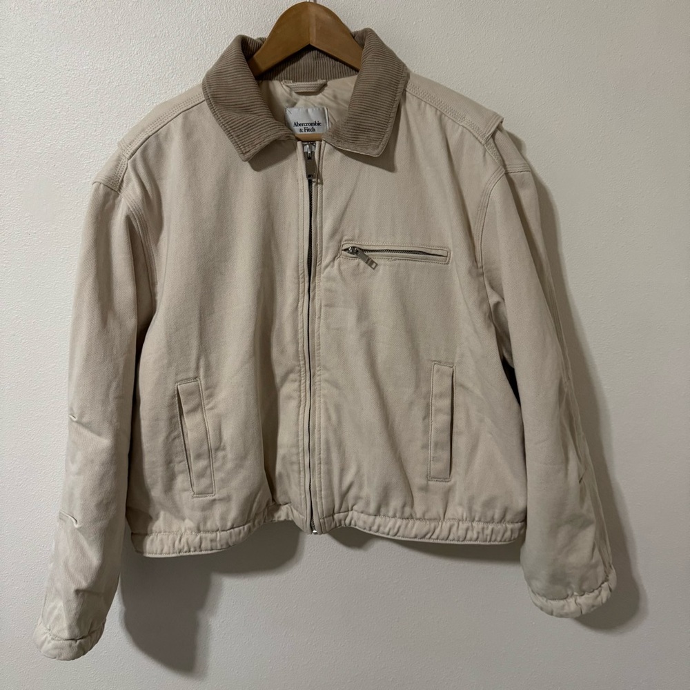 Abercrombie Crop Twill Workwear Jacket Cream Gray Corduroy Collar Streetwear-XL - Picture 2 of 13